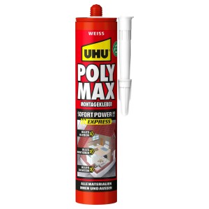 Rote UHU Poly Max Montagekleber Sofort Power Kartusche, weiß, 425g, mit Düse. Für Kleben, Montieren, Abdichten innen & außen.