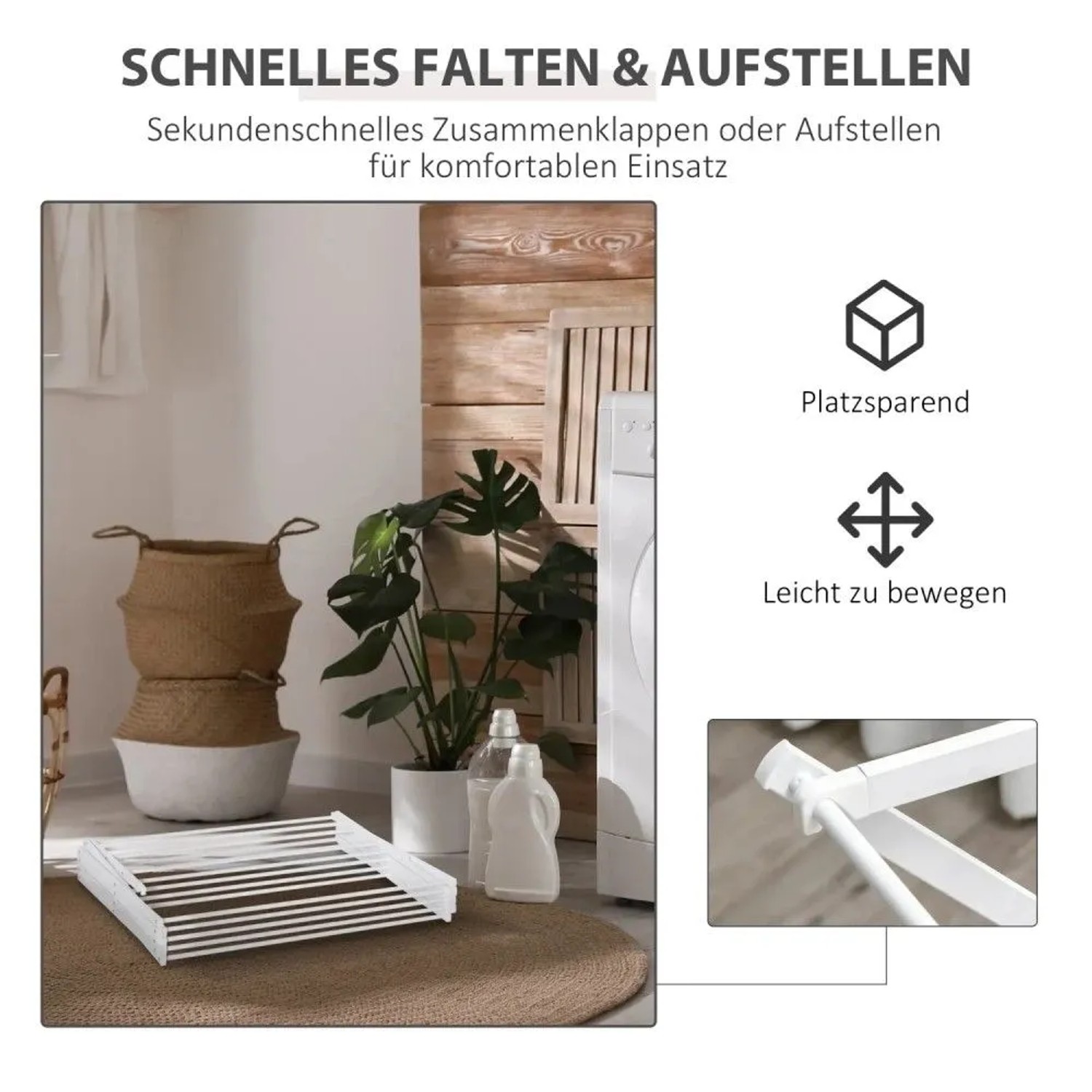 Weißer HOMCOM Wäscheständer, faltbar und kompakt auf dem Boden liegend. Ideal für Waschen & Trocknen, platzsparend.