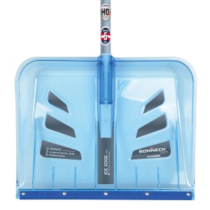 SONNECK SNOWMASTER Ice Edge Schneeschieber mit transparent blauer Schaufel und Pistolengriff.