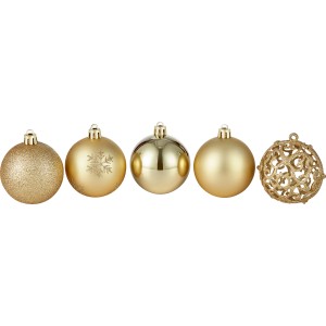 Baumschmuck-Set, 25 goldene Weihnachtskugeln mit verschiedenen Oberflächen.