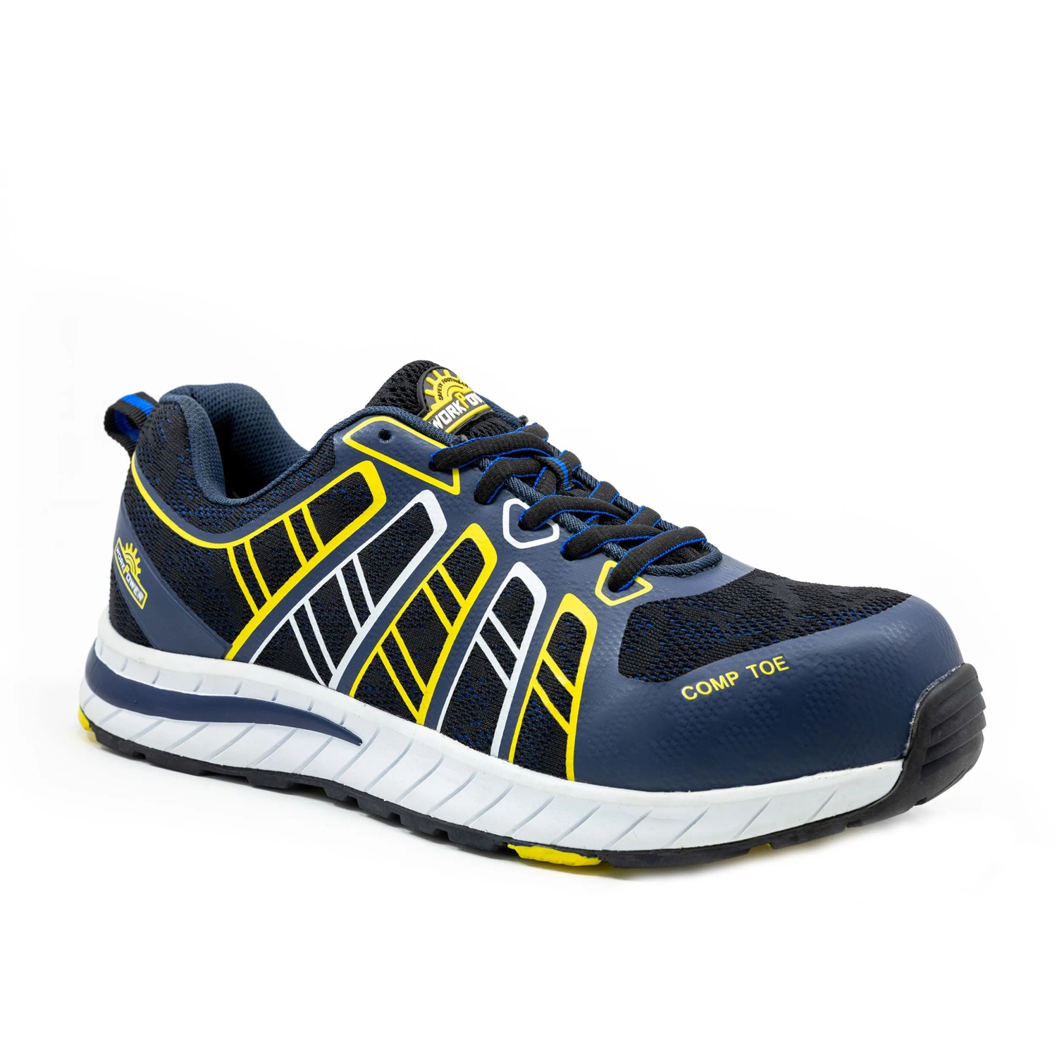 Blauer Workpower Sport Sicherheitshalbschuh S1P Gila Gr. 43 mit gelben Akzenten.