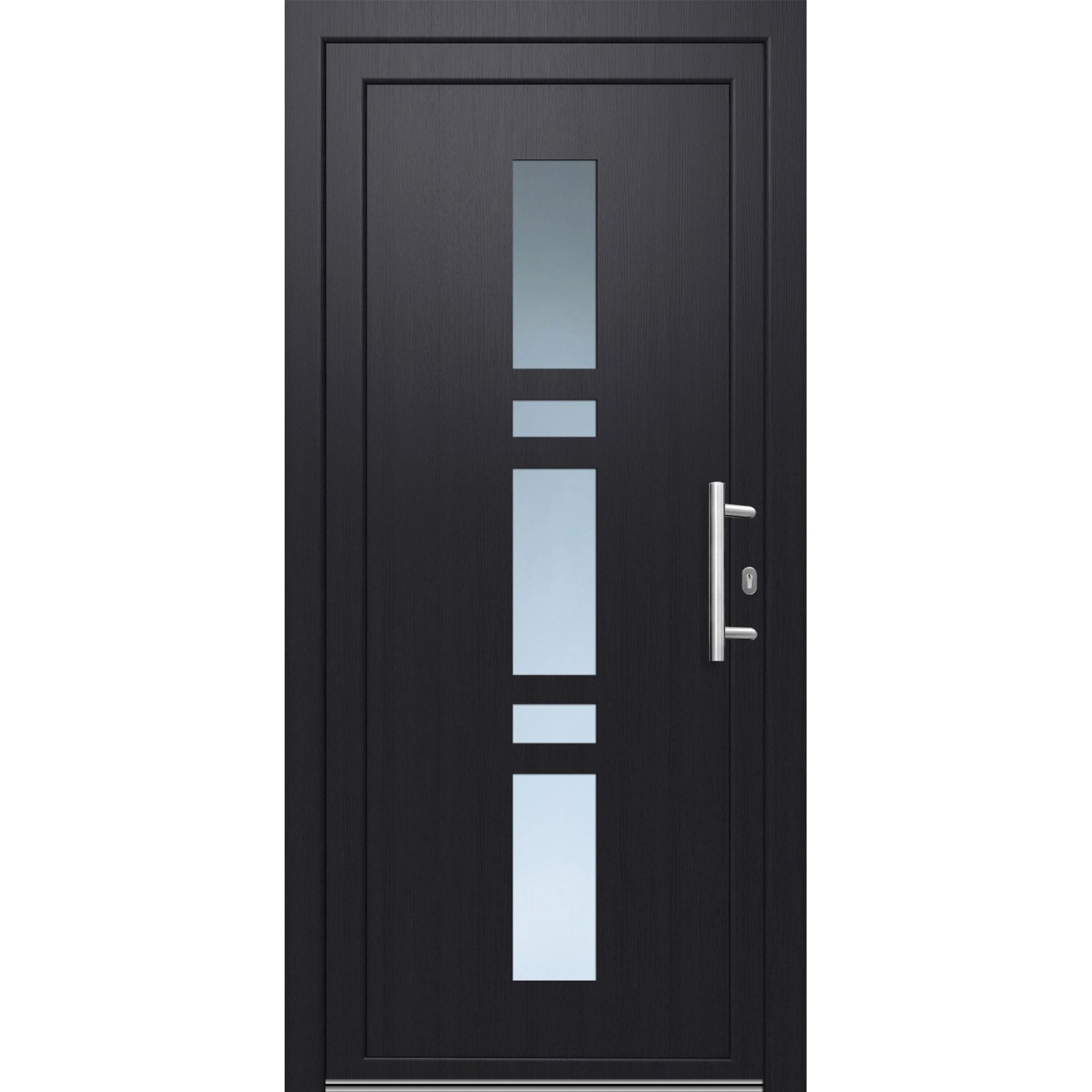 Anthrazitfarbene Kunststoff-Haustür mit Glaseinsätzen, Griff und weißer Innenseite, 100x200 cm.