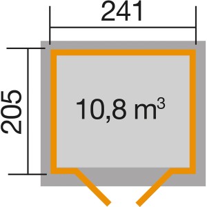 Grundriss weka Gartenhaus 122 Gr.1, Satteldach, Maße 241x205 cm, Volumen 10,8 m³.