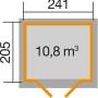 Grundriss weka Gartenhaus 122 Gr.1, Satteldach, Maße 241x205 cm, Volumen 10,8 m³.