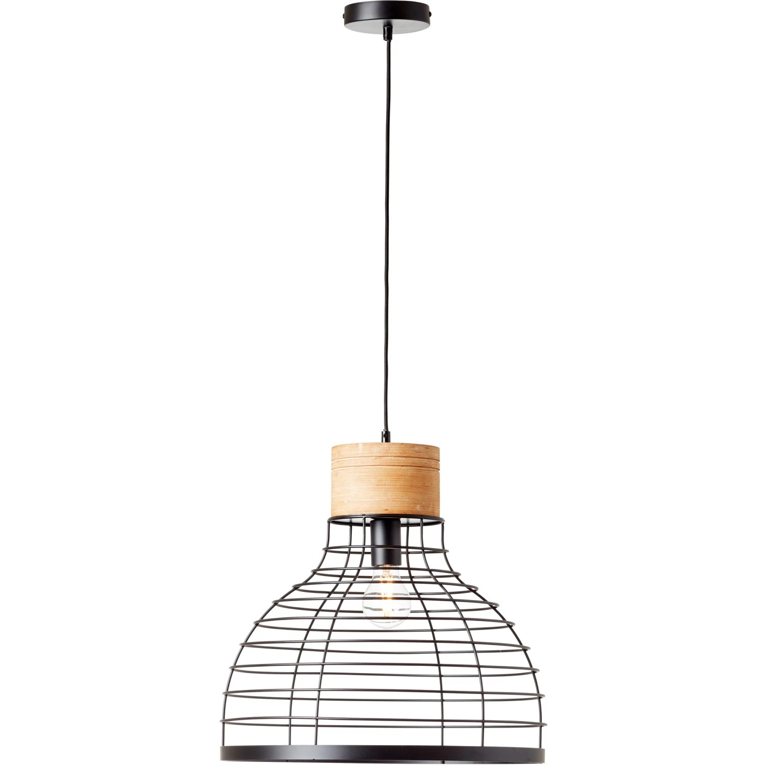 Schwarze Brilliant Pendelleuchte Avia Ø 47 cm mit Holzelement für den Innenbereich.