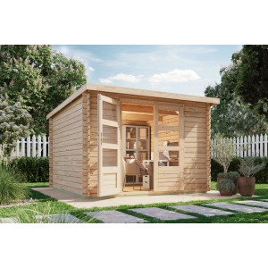 Karibu Gartenhaus Dortmund Solo aus Holz mit Doppeltür und Pultdach im Garten.