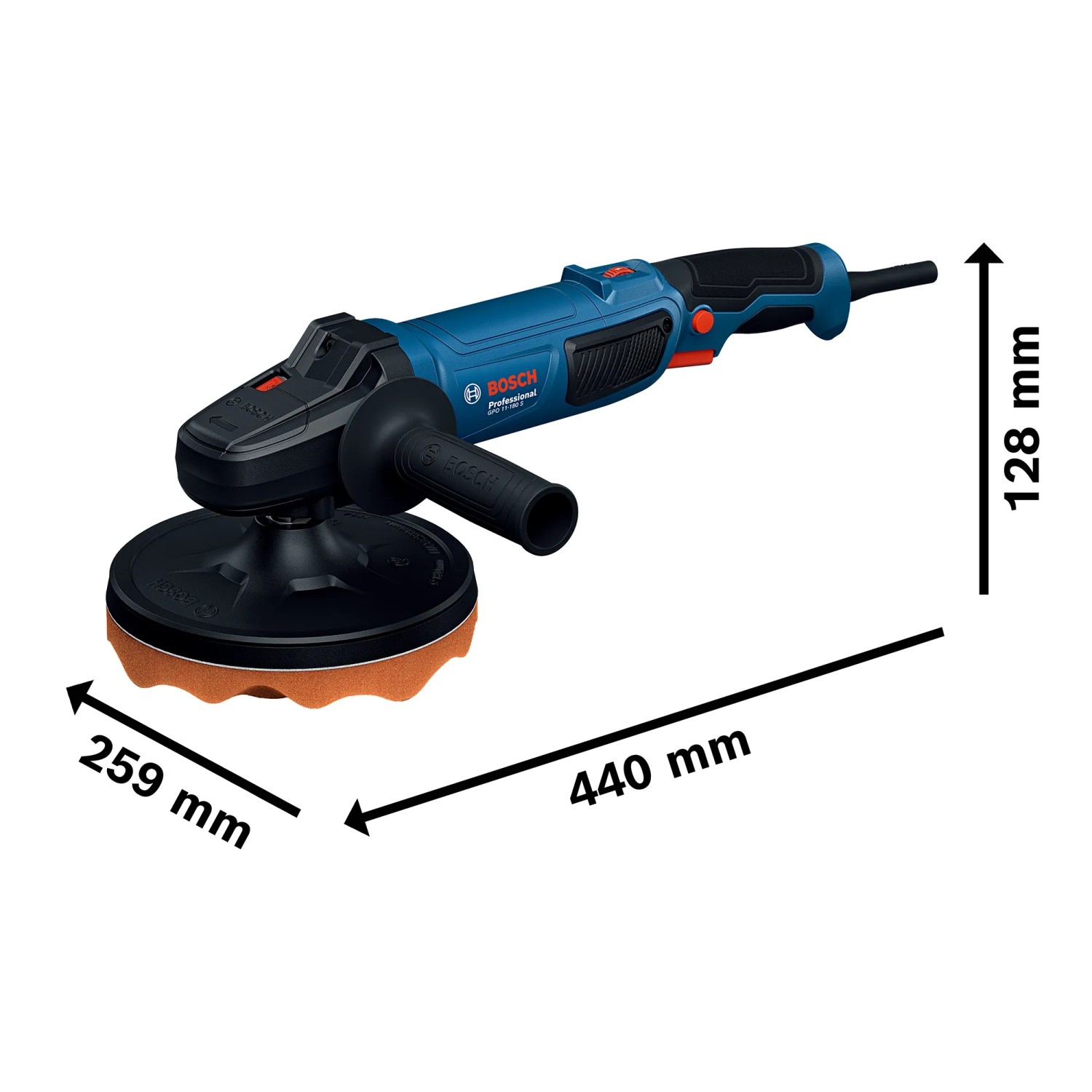 Bosch Professional GPO 11-180 S Polierer für Autopflege mit Polieraufsatz und den Maßen 440 x 259 x 128 mm.