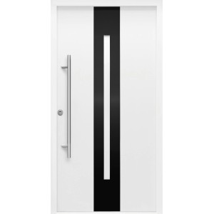 Weiße Sicherheits-Haustür ThermoSpace Dublin RC2 mit Edelstahlgriff und schwarzem Zierstreifen.