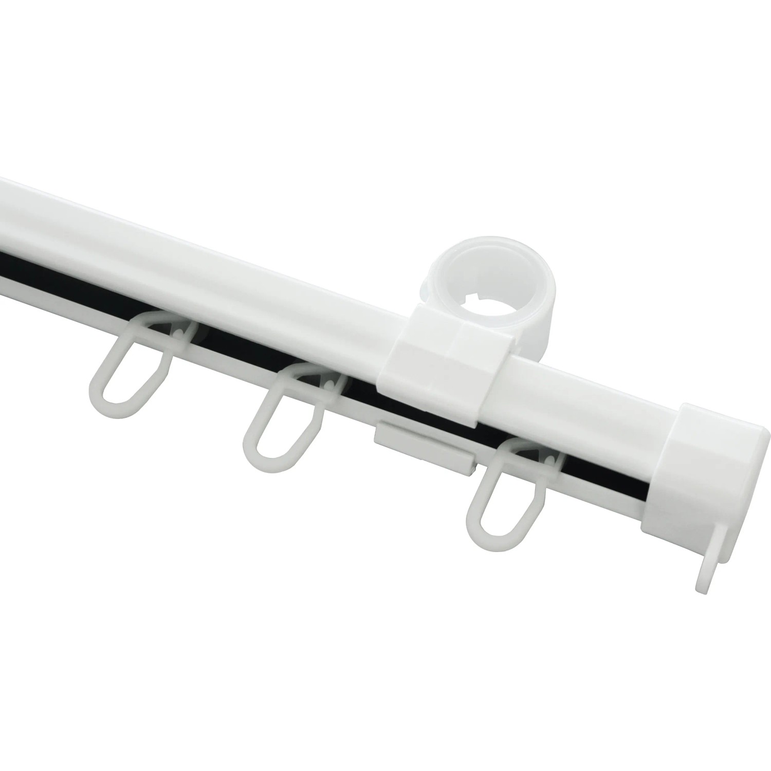 Weiße Gardinia U-Laufschiene, 150 cm, mit Rollringen und Halterungen für Gardinen.