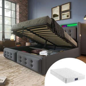 okwish Polsterbett 140x200cm mit LED Kopfteil USB Ladefunktion Jugendzimmer Grau mit Matratze
