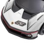 Nahaufnahme des weißen AIYAPLAY Kinderfahrzeugs mit Lamborghini Logo, Nummer 63 und schwarzen Rennsport-Akzenten.