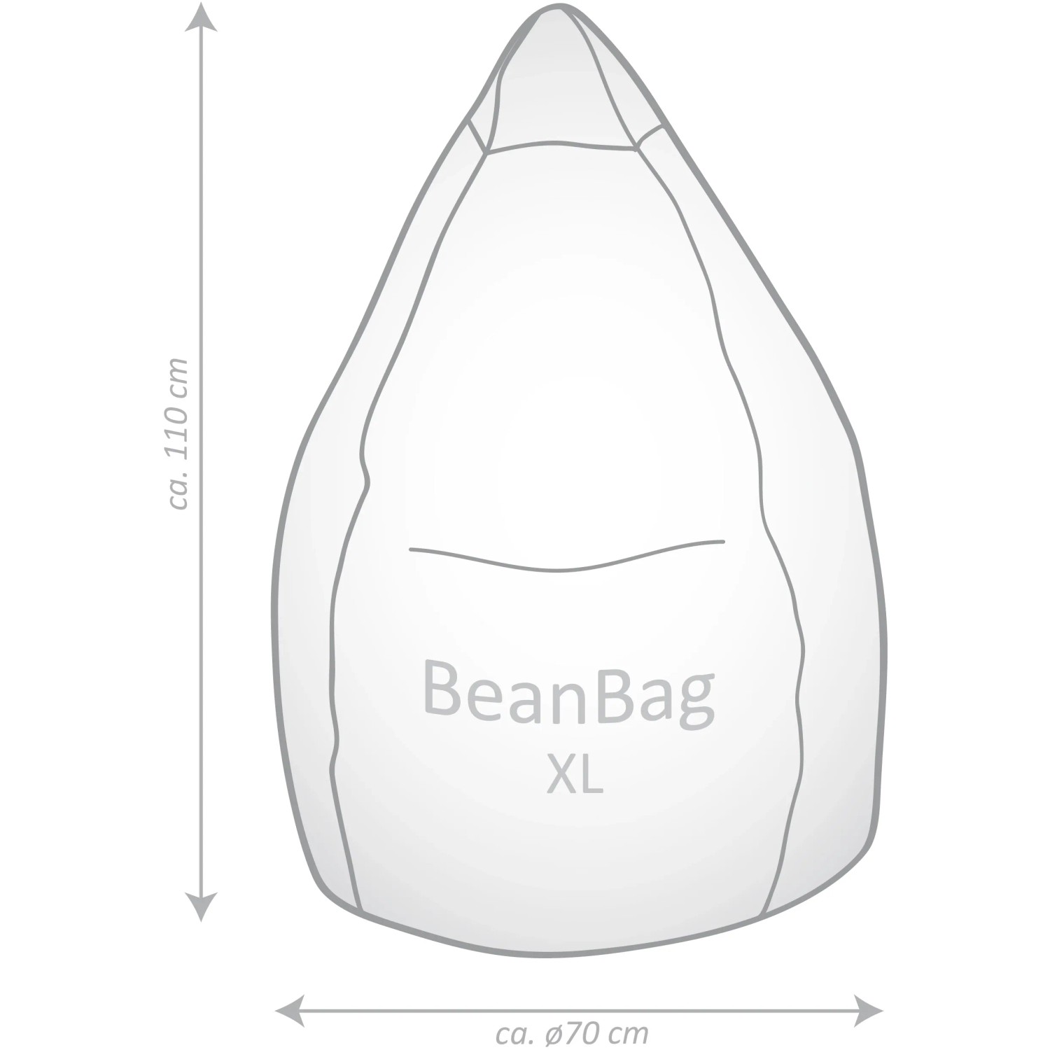 Sitting Point Sitzsack Brava, 220 l, Anthrazit, Umriss mit Maßangaben.