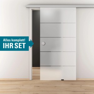 Glasschiebetür-Set Nova 503 mit mattiertem Glas, Linien-Design, Alu-Schiene und Griffmuschel in modernem Raum.