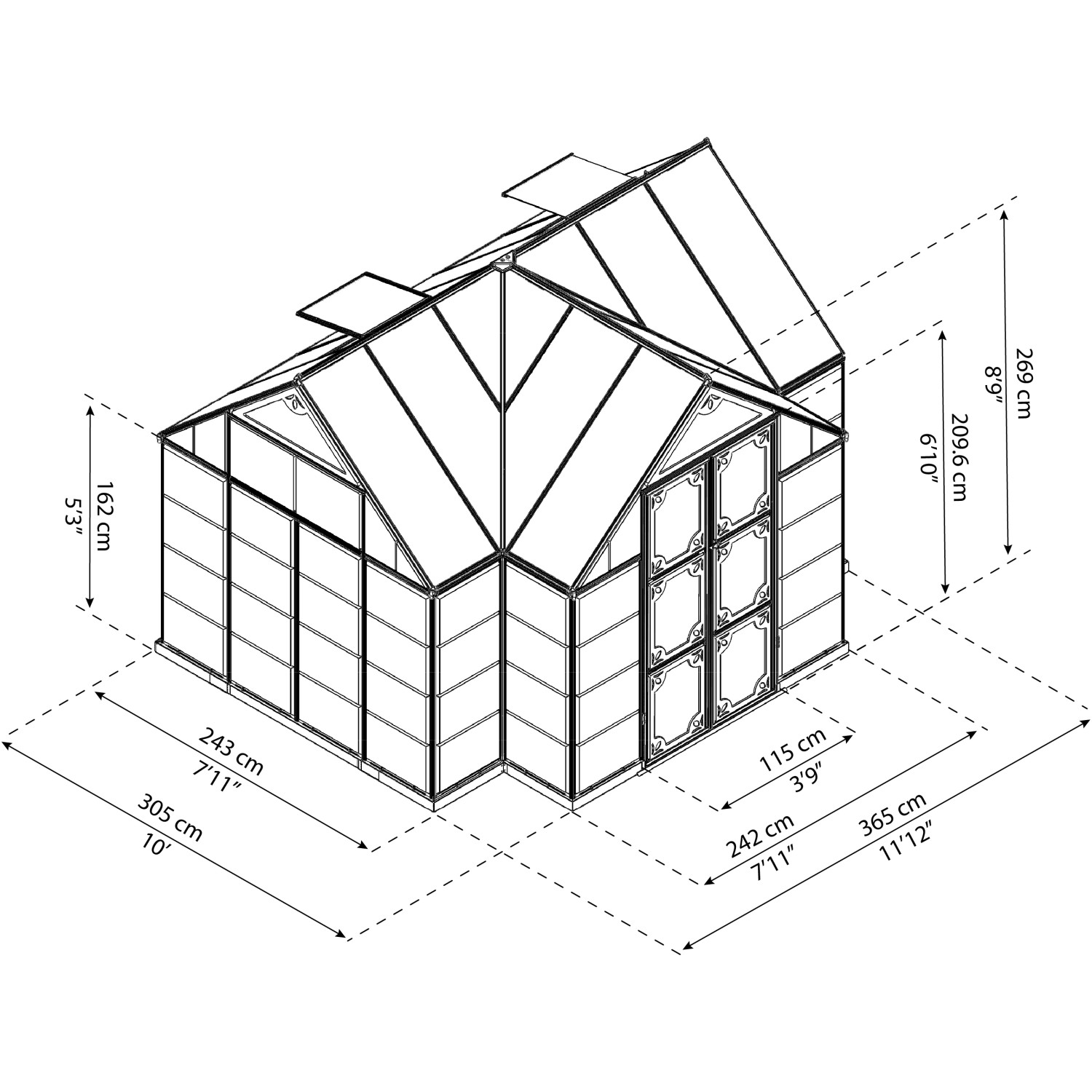 Skizze des Palram Canopia Victory Orangerie Gewächshauses mit Maßangaben.