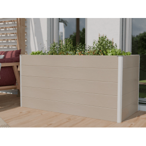 GroJa Hochbeet Solid, 150x70x75 cm, Bi-Color Sand, mit Pflanzen befüllt.