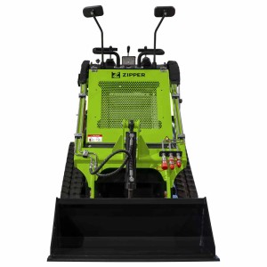 Grüner Zipper Minikompaktlader ZI-MKL720 mit schwarzer Schaufel und Kettenantrieb für Baumaschinen.