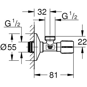 Technische Zeichnung: Grohe Eckventil 1/2 x 1/2 Chrom, Waschgeräte-Ventil mit Maßen.