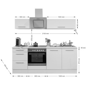 Respekta Premium Küchenzeile 210 cm in Weiß Hochglanz mit Eiche Grau Arbeitsplatte und Elektrogeräten.