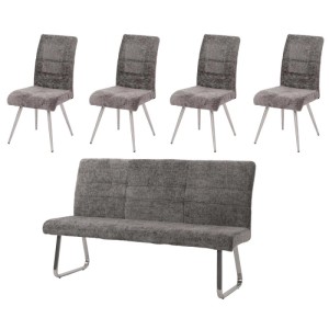 Essgruppe: 4 graue Chenille-Stühle, Sitzbank 180 cm, Edelstahlgestell