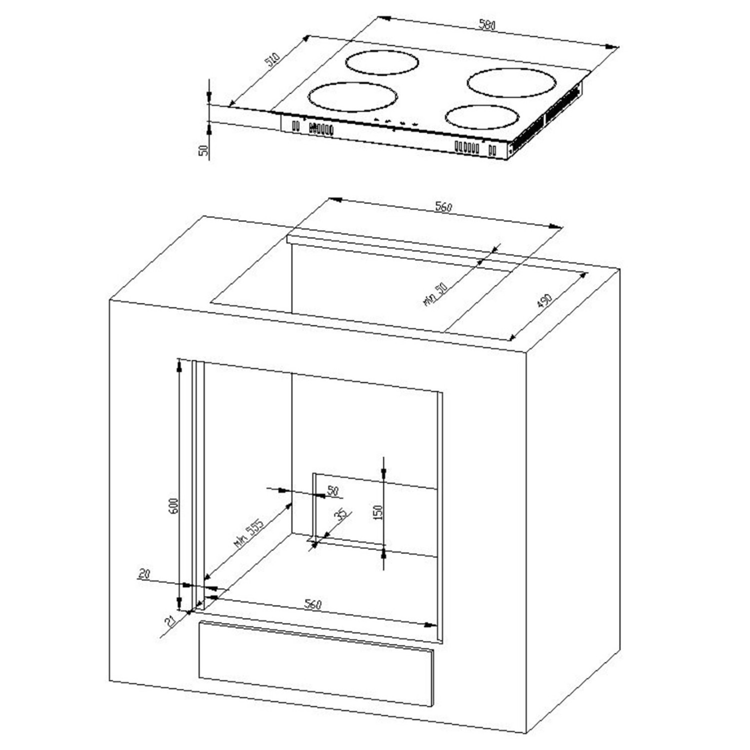 Skizze: Küchenzeile Mailand, 220 cm, weiß hochglanz, ohne E-Geräte, mit Maßangaben.