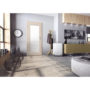 Classen Zimmertür Kofano 1.2 Kaschmir, 61x198,5 cm, DIN Links, mit Glaseinsatz in modernem Wohnraum.