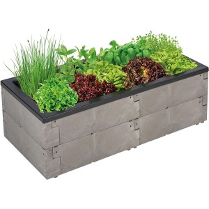 Timber Pflanzkasten Nordic Wood 130x60x40cm, bepflanzt mit Kräutern und Salat.