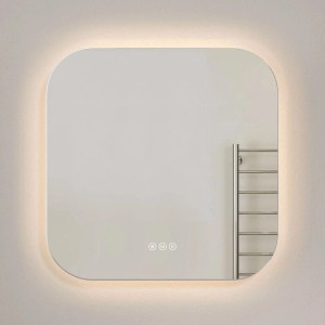 Quadratischer Emke LED-Badspiegel 60x60 cm mit abgerundeten Ecken, Hintergrundbeleuchtung, Antibeschlag & Touch-Steuerung.