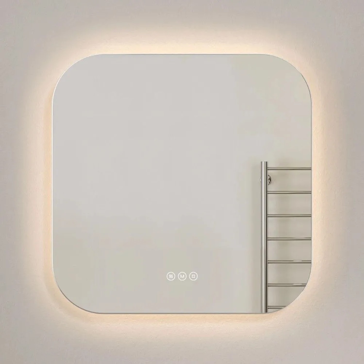 Quadratischer Emke LED-Badspiegel 60x60 cm mit abgerundeten Ecken, Hintergrundbeleuchtung, Antibeschlag & Touch-Steuerung.