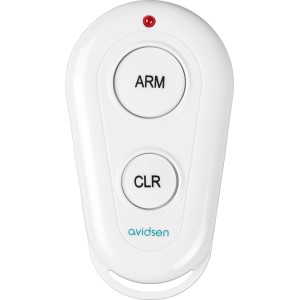 Weiße Fernbedienung für Alarmanlage PSTN mit zwei Tasten (ARM/CLR) und roter LED.