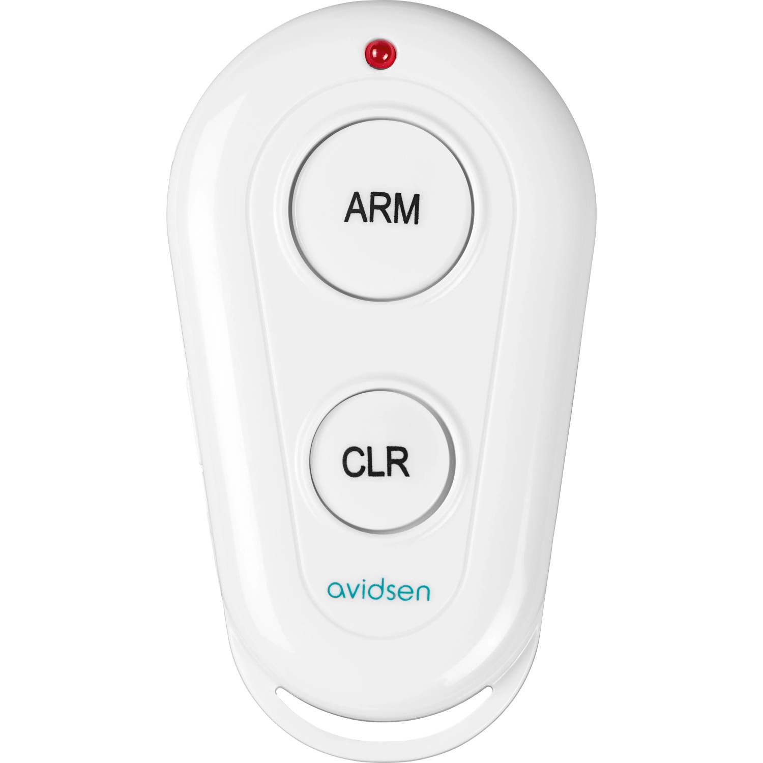 Weiße Fernbedienung für Alarmanlage PSTN mit zwei Tasten (ARM/CLR) und roter LED.
