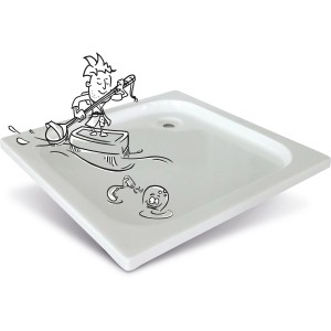 Quadratische, weiße baliv Duschwanne DW-90.20 E, 90x90 cm mit Comic-Illustration.