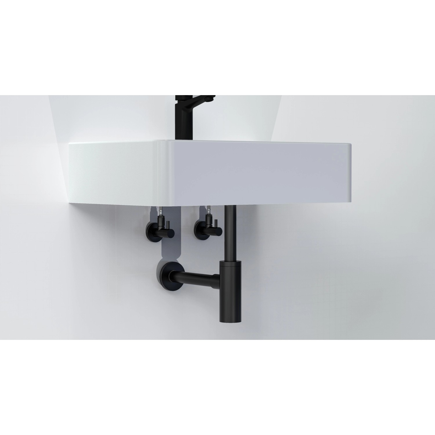 Schwarzes, mattes Kirchhoff Universal Eckventil unter einem Waschbecken montiert.