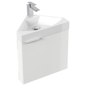 Posseik Eckbadmöbel Delta Slimline, weiß hochglanz, mit Mineralgusswaschbecken und Armatur.