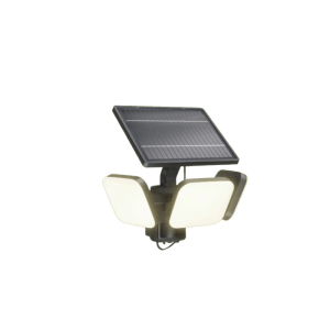 Schwarzer Philips Zyren Solar LED-Außenstrahler mit drei Leuchten und Solarpanel.