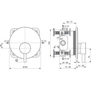 Technische Zeichnung Ideal Standard Ceraline Unterputz Brausearmatur, Maße und Anschlüsse.