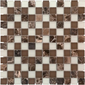 Mosaikmatte aus Glas und Naturstein in Braun- und Beigetönen, 30x30 cm.