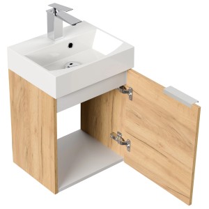 Posseik Badmöbel Cubi Slimline, 40 cm, Eiche Gold, mit offenstehender Tür.