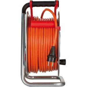 Brennenstuhl Kabeltrommel Garant 40m für Außenbereich, silbernes Stahlblechgehäuse, orangefarbenes Kabel.