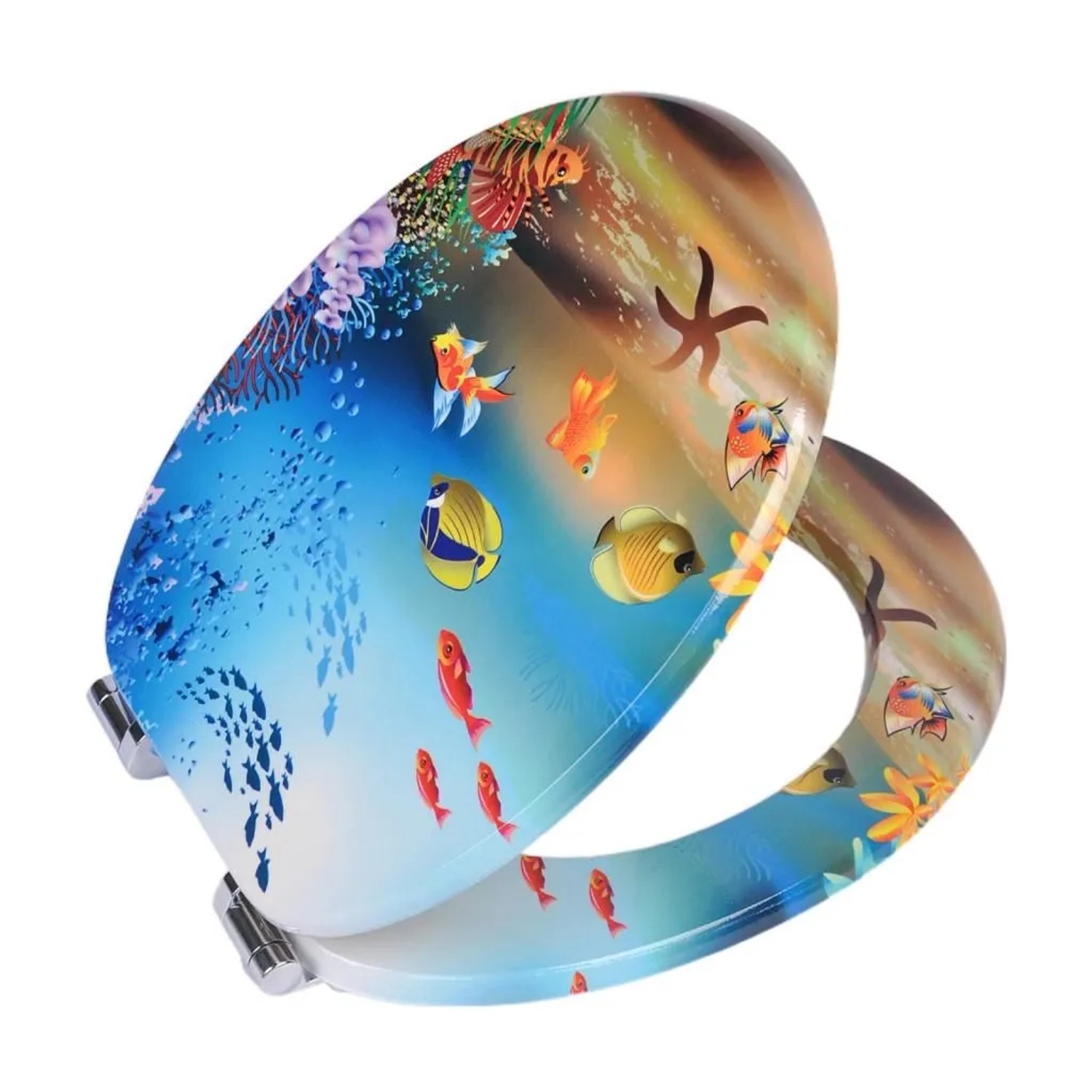 Sinobath WC-Sitz oval, mit farbenfrohem Unterwasserwelt-Motiv, Fischen, Korallen und Absenkautomatik.