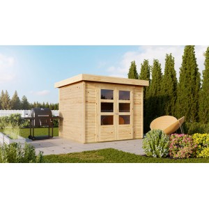 Karibu Express Gartenhaus Speedy A, naturbelassen mit Doppeltür. Holz-Gartenhaus im Außenbereich.