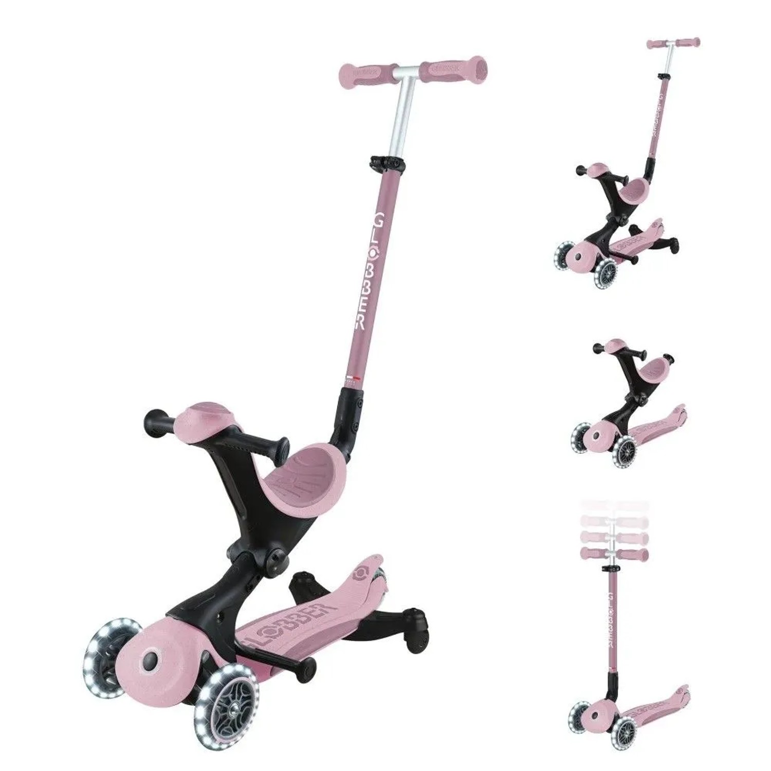 Globber Go-Up Deluxe Lights 360 3-in-1 Kinderfahrzeug in Beere. Aufsitzrad, Laufrad, Scooter mit LED-Rädern, höhenverstellbar.