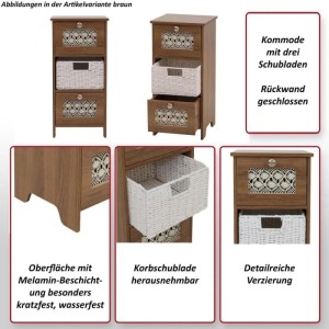 Kommode O75 in Natur-Weiß mit 3 Schubfächern und einem Korb, Detailreiche Verzierung.