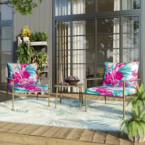 3-teiliges Balkonmöbel-Set Dalysford mit floralen Kissen und olivgrünem Gestell.