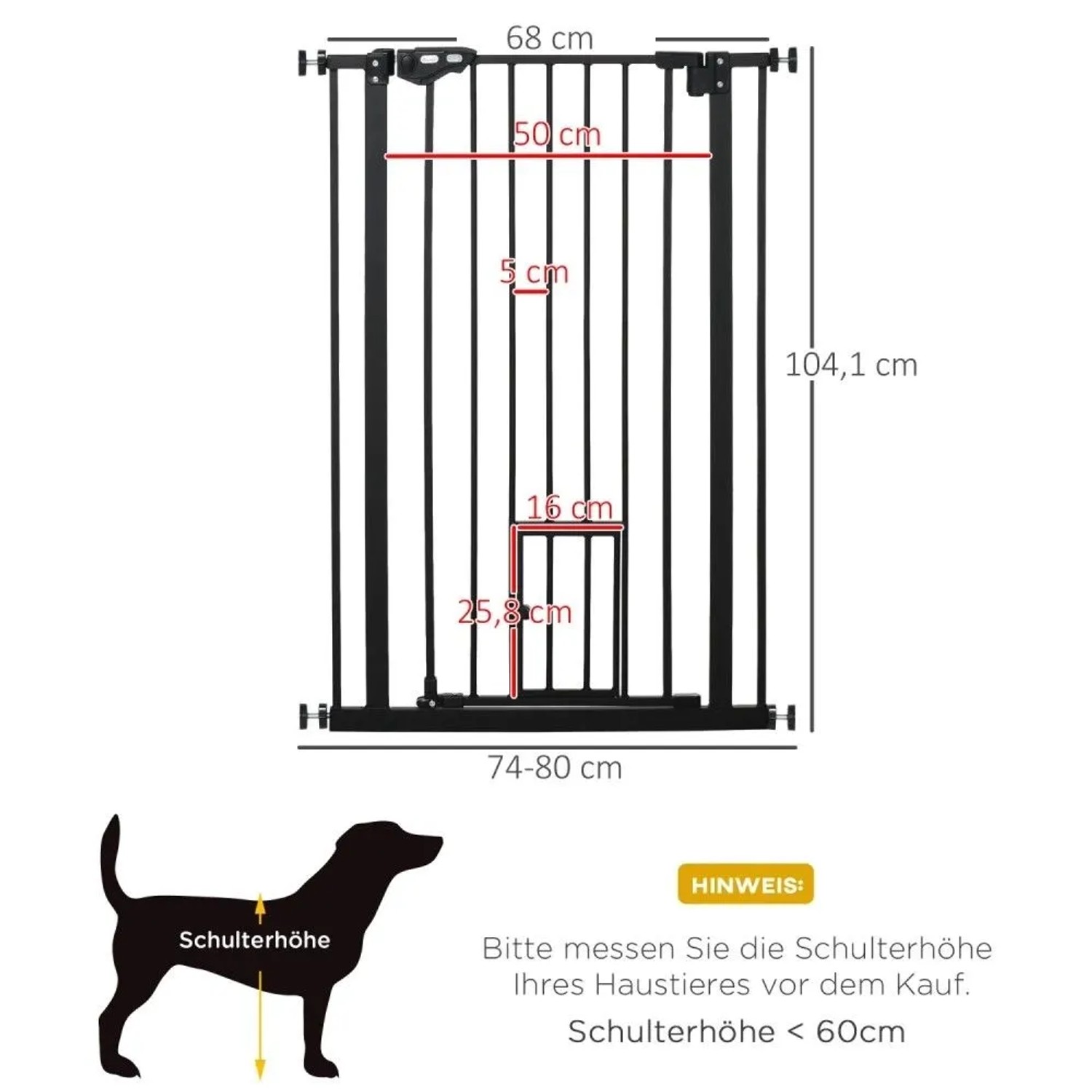 PawHut Türschutzgitter schwarz mit Katzenklappe, Schließautomatik, 74-80 cm Breite, 104,1 cm hoch.