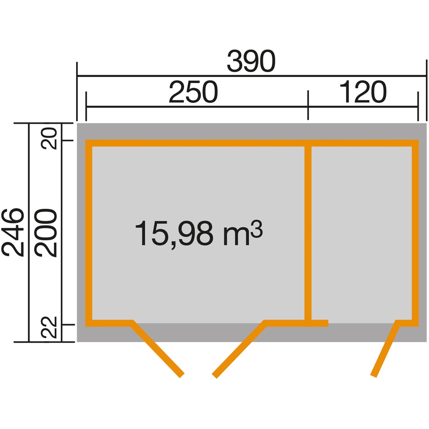 Grundriss Weka Holz-Gartenhaus Brixen: 370x200 cm, Flachdach, zwei Räume. Ideal als Gerätehaus oder Gartenpavillon.