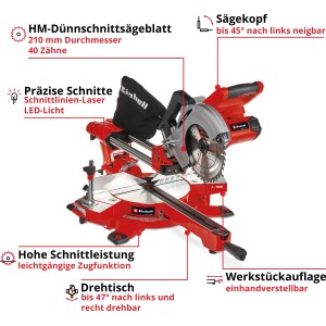Einhell Akku-Zug-Kapp-Gehrungssäge TE-SM 36/210 Li Solo, rot. Säge mit Drehtisch und neigbarem Sägekopf.