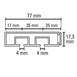 Querschnitt Gardinia Vorhangschiene, 2-läufig, mit Maßen 77 x 17,3 mm, weiß, für Deckenmontage.