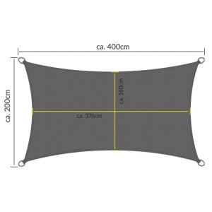Rechteckiges, anthrazitfarbenes Sol Royal Sonnensegel SolVision PS9, 200x400cm mit Maßangaben.
