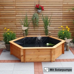 Sechseckiger Promadino Hochteich aus Kiefernholz mit Solarpumpe und Teichfolie, Durchmesser 125 cm.