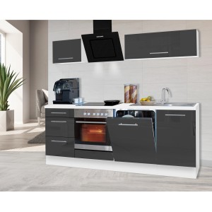 Respekta Premium Küchenzeile 220 cm in Grau Hochglanz-Weiß mit E-Geräten und Geschirrspüler.